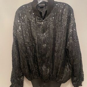 Black Sequin Bomber Jacket with Ribbed Collar